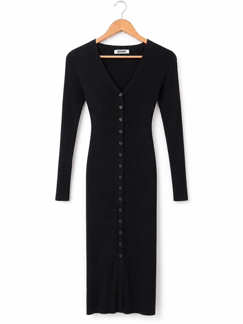 Missguided Black Long Sleeve Button-Front Ribbed Dress